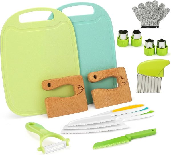 Children's knife 15-piece children's kitchen knife set for cutting and cooking fruit or vegetables for toddlers, children's cooking set including children's safety wooden knife cutting board peeler