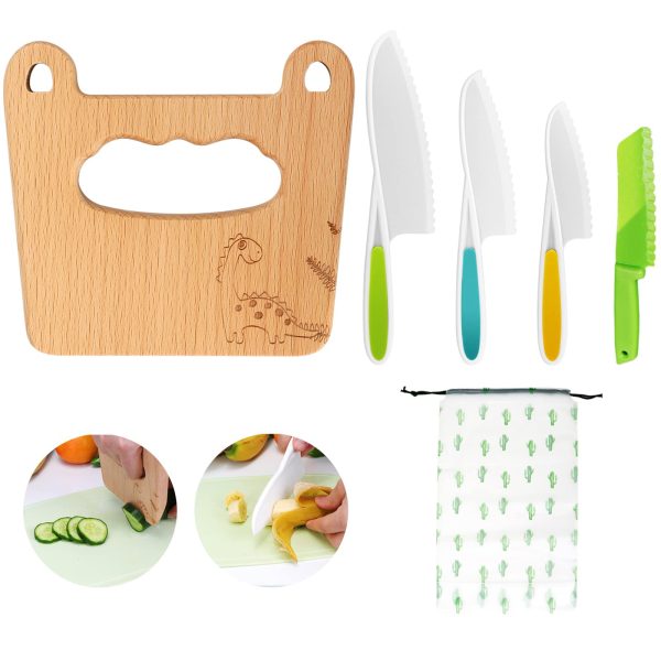 Goodchef children's knife 5-piece children's kitchen knife set for cutting and cooking fruit or vegetables for small children, including child-safe wooden knife Knife from 2 years (leaf dinosaur)