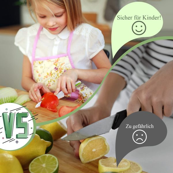 Goodchef children's knife 5-piece children's kitchen knife set for cutting and cooking fruit or vegetables for small children, including child-safe wooden knife Knife from 2 years (leaf dinosaur) - Image 7