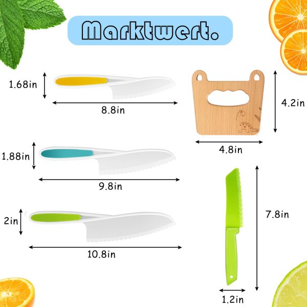 Goodchef children's knife 5-piece children's kitchen knife set for cutting and cooking fruit or vegetables for small children, including child-safe wooden knife Knife from 2 years (leaf dinosaur) - Image 3