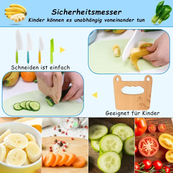 Goodchef children's knife 5-piece children's kitchen knife set for cutting and cooking fruit or vegetables for small children, including child-safe wooden knife Knife from 2 years (leaf dinosaur) - Image 4