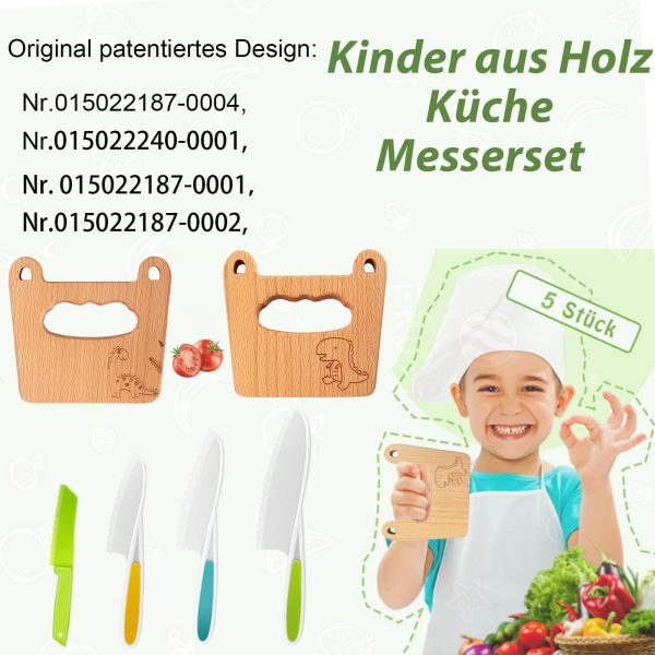 Goodchef children's knife 5-piece children's kitchen knife set for cutting and cooking fruit or vegetables for small children, including child-safe wooden knife Knife from 2 years (leaf dinosaur) - Image 6